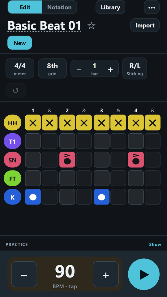 Tating's editor: a basic beat on the grid, hi-hat on every eighth, snare on two and four, kick on one and three, with the tempo control below