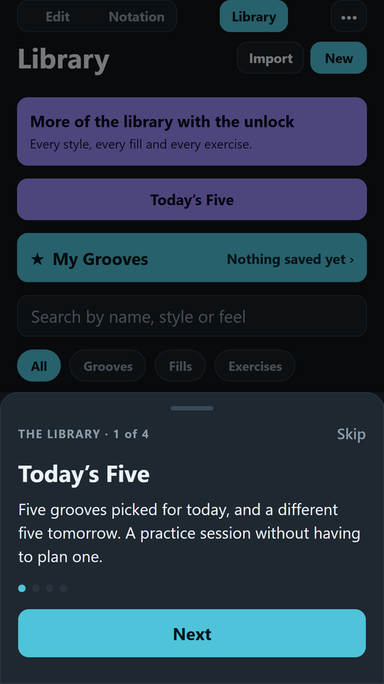 The library: saved grooves with tags, search and favourites