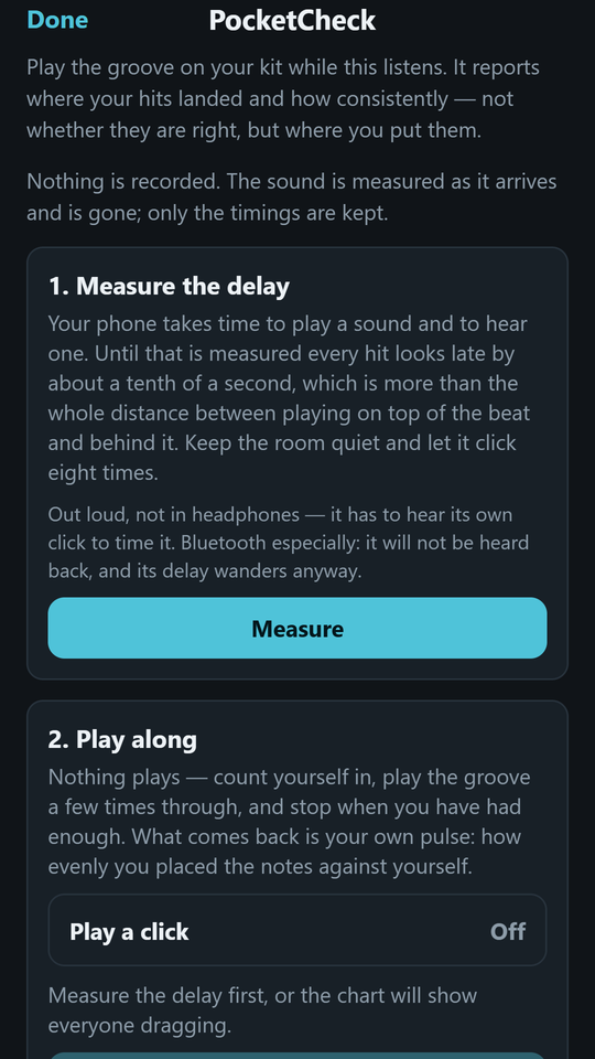 PocketCheck: step one measures the phone's audio delay, step two listens while you play along