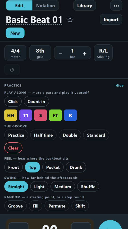 The practice panel: click and count-in, per-drum mute buttons, groove variations, feel from front to drunk, swing from straight to shuffle