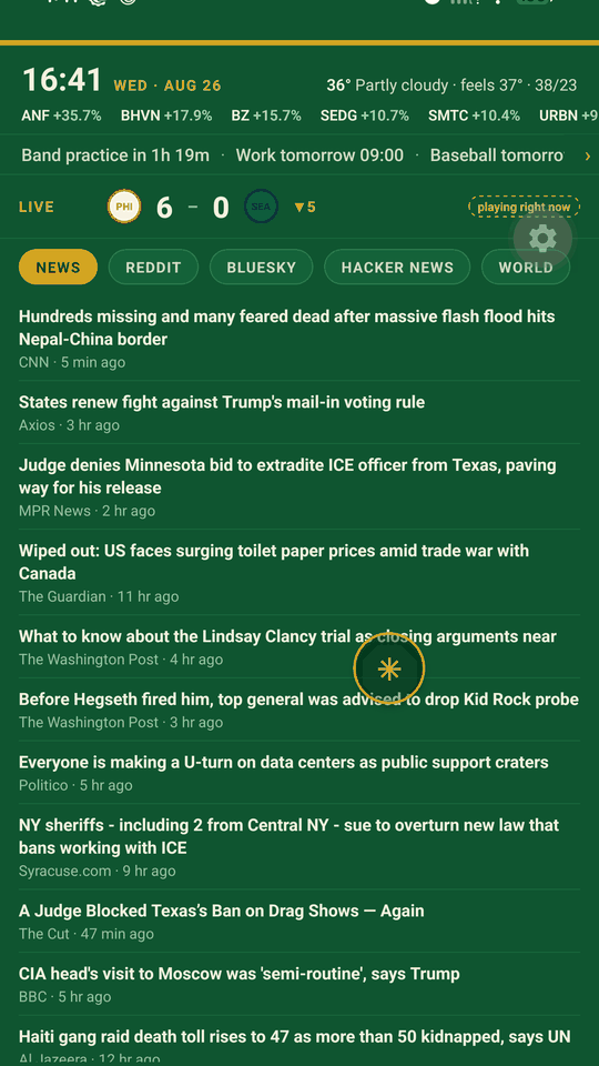 The Qiz home screen in the Kelly theme: the time and date, the weather, three market tickers, the next three calendar items, a live score, a row of feed tabs (News, Reddit, Bluesky, Hacker News, World), a list of headlines, and a handy list of errands at the bottom