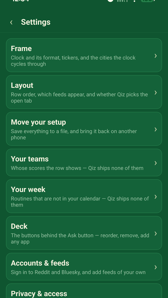 The Settings screen: Frame, Layout, Move your setup, Your teams, Your week, Deck, Accounts & feeds, Privacy & access, Theme — each with a one-line description