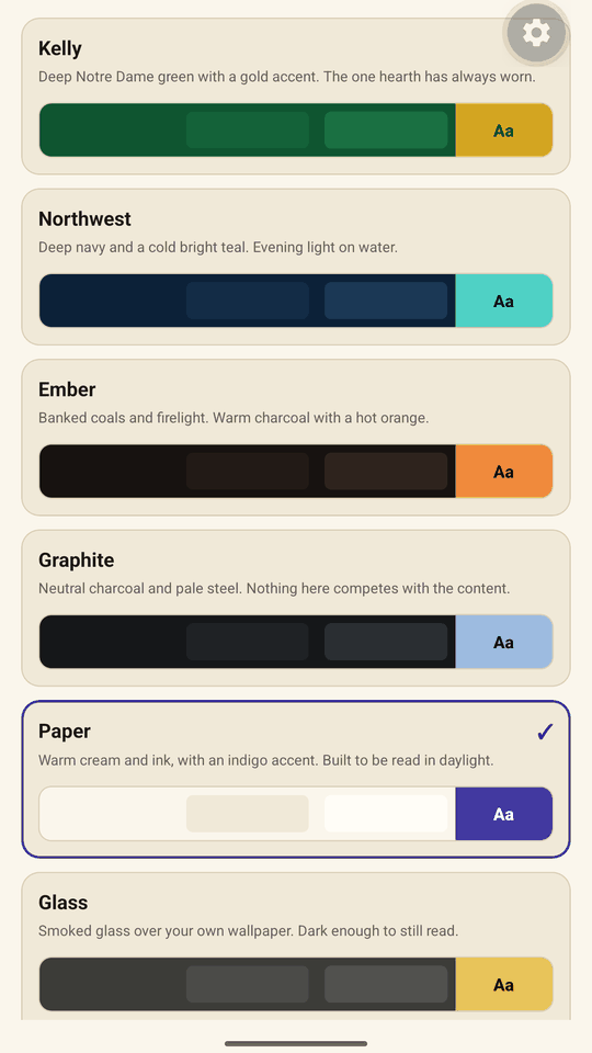 The same theme picker in the light Paper theme, with Paper selected